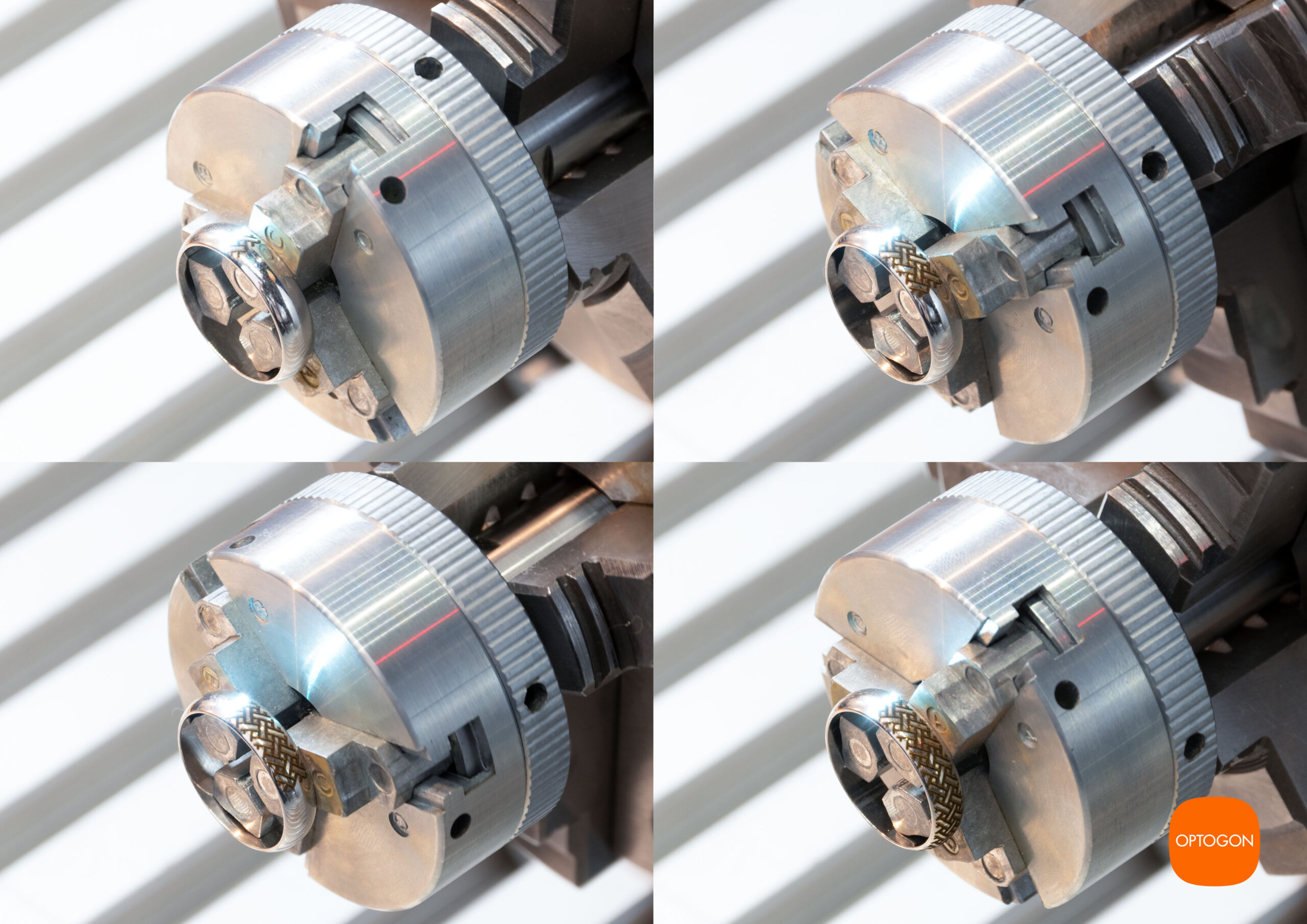 Ansatzfreie Laserbearbeitung eines Ringes am Umfang mit Ultrakurzpulslaser, der hohe Details in den Silberring graviert.