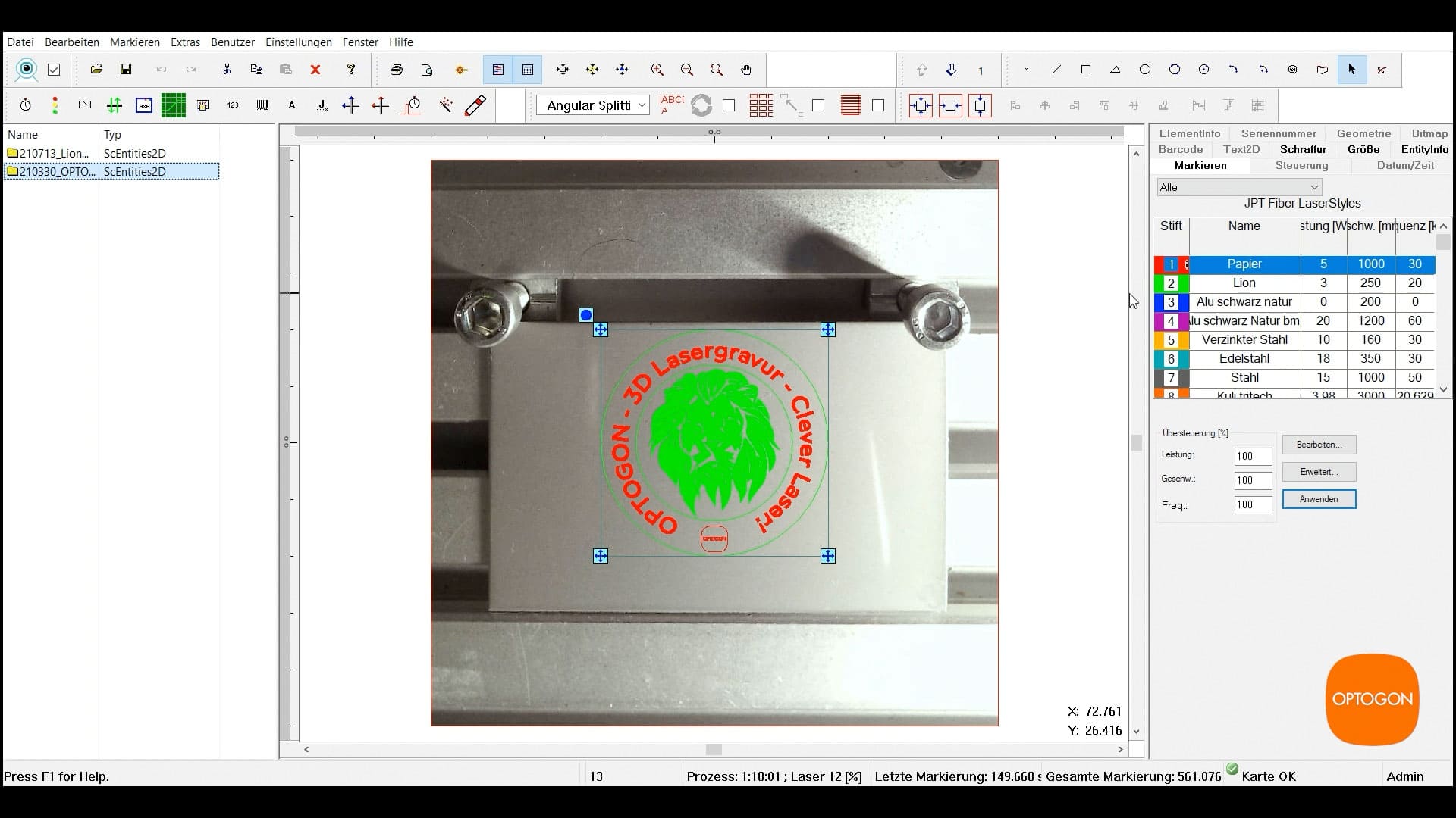 Screenshot der Parametereinstellungen: Schraffur wird aktiviert, Parameter pro Element gesetzt und per „Anwenden“ in der Vorschau übernommen.