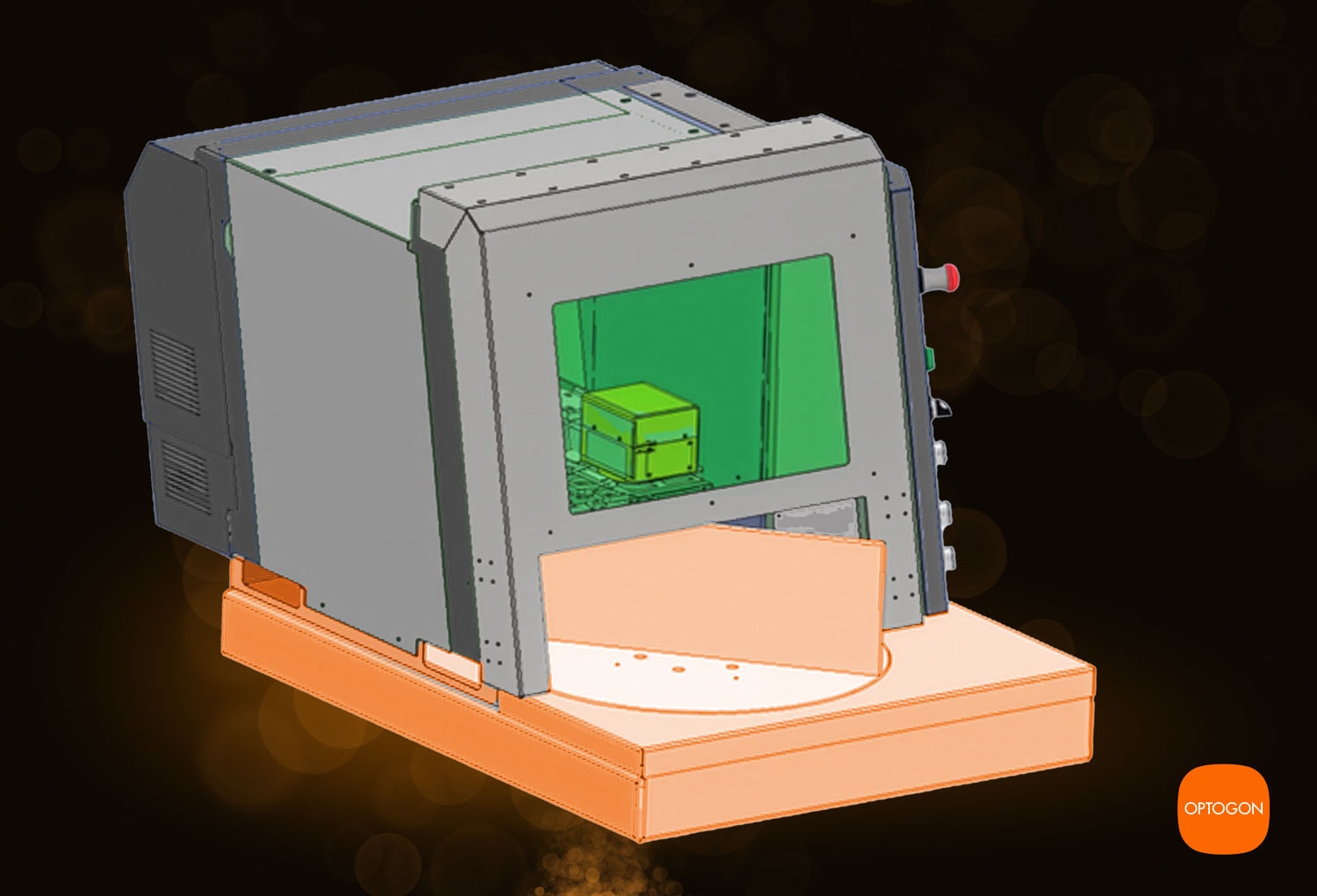 CAD-Illustration der OPTOGON S-Serie FLEX mit integriertem 2-Stationen-Drehtisch zur späteren Nachrüstung beim Kunden vor Ort