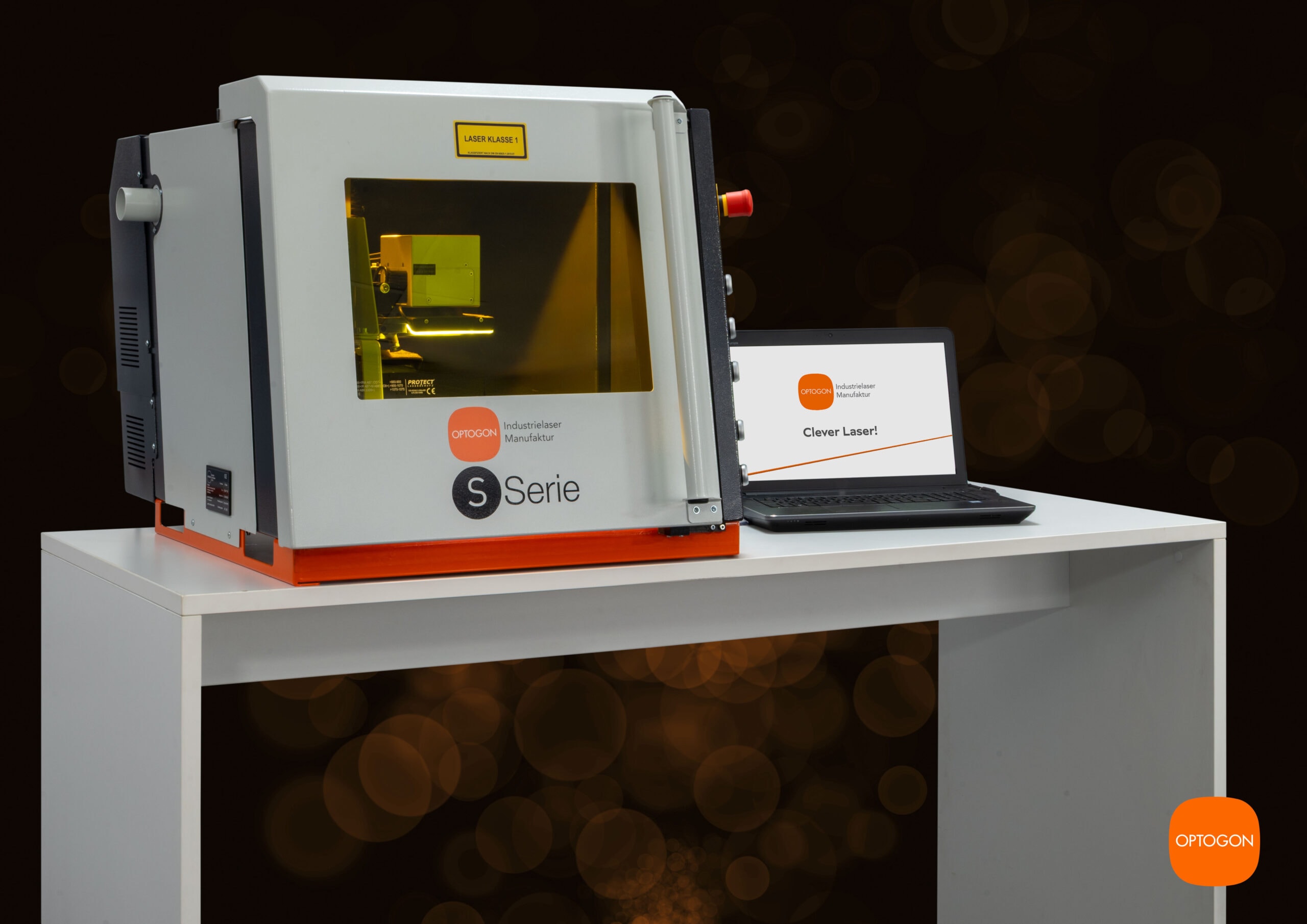 Geschlossene OPTOGON S-Serie FLEX Tischmaschine als Basissystem für manuelle Laserbearbeitung ohne Drehtisch und Roboter