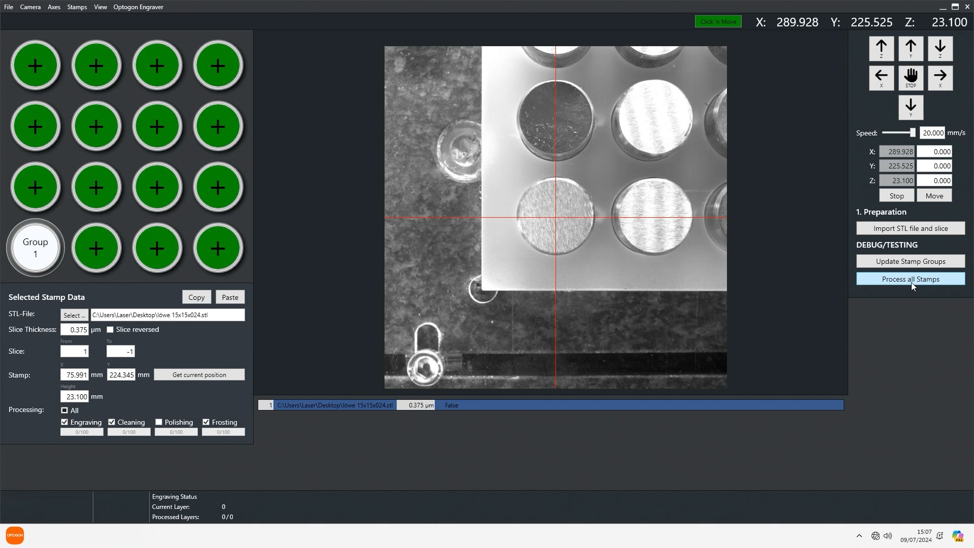 OPTOFlow-Softwareoberfläche mit visuellem, intuitivem Layout für Mehrpositionsbearbeitung und Palettenjobs im zentralen Fenster.