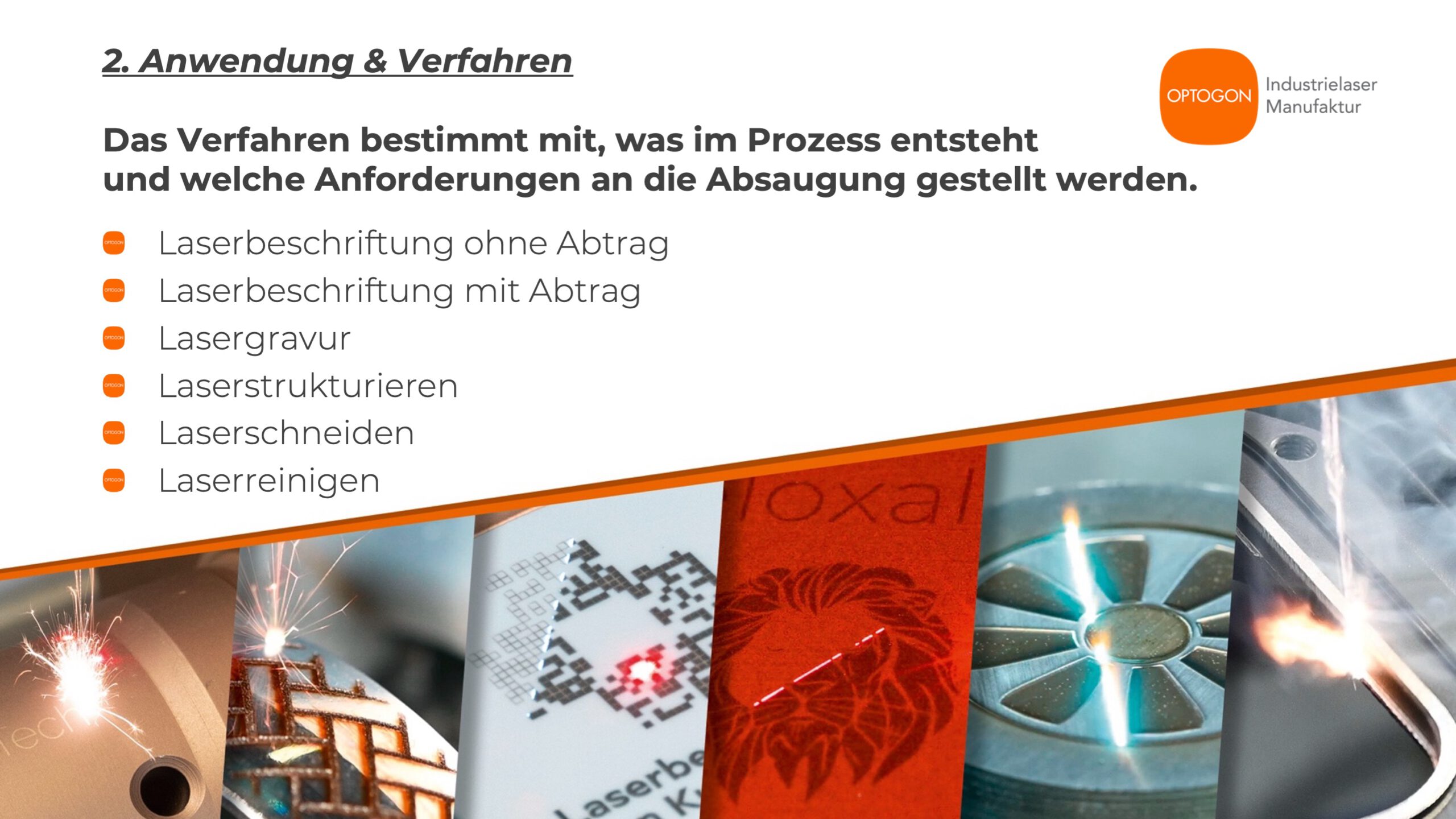 Übersicht verschiedener Verfahren der industriellen Laserbearbeitung wie Beschriften, Gravieren, Schneiden, Reinigen und Strukturieren mit unterschiedlichen Anforderungen an die Absaugung.