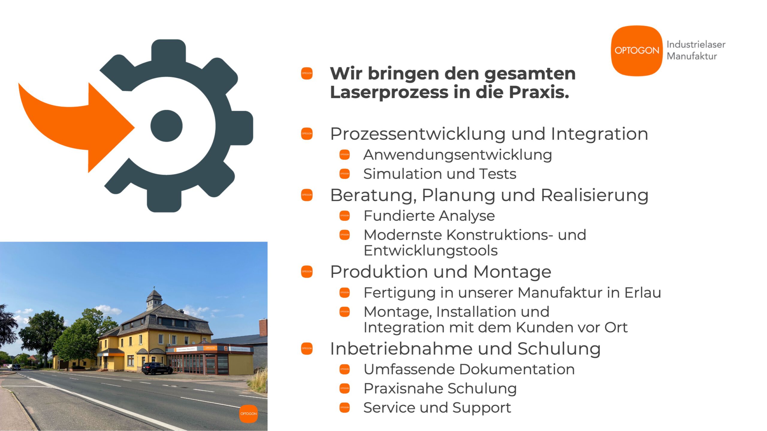 Grafik zur ganzheitlichen Prozesskompetenz von OPTOGON in der industriellen Laserbearbeitung – von Entwicklung über Fertigung bis Service.